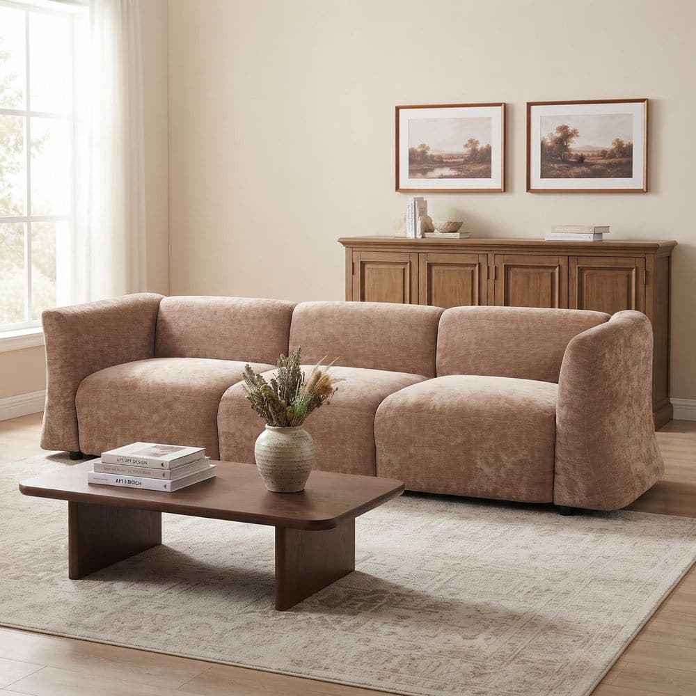 Minimalist 111.1 in. 3-Piece Polyester Upholstery Rectangle Curved Sectional Sofa in Brown, Mocha