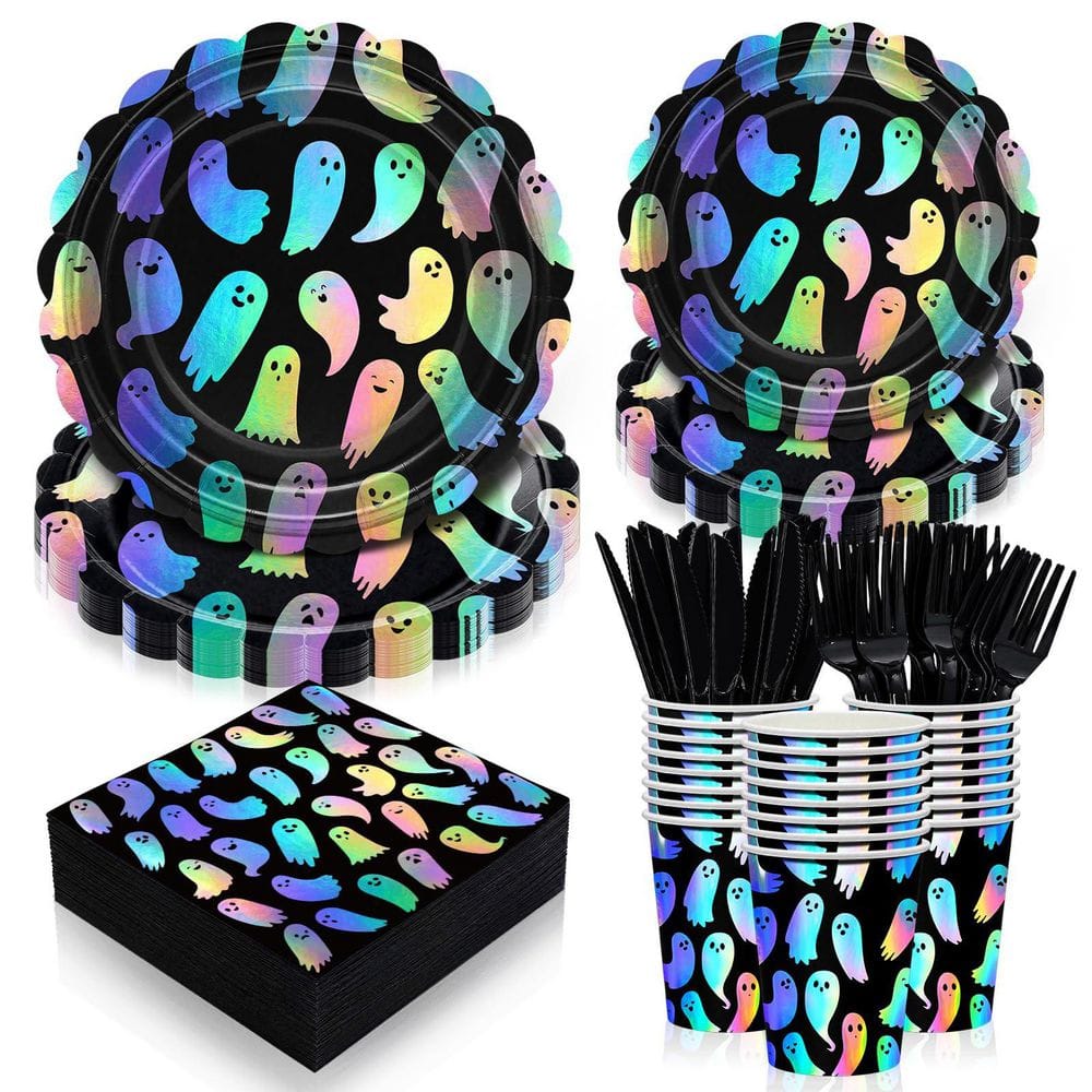 Wudkey 168-Piece Ghost Holographic Halloween Disposable Dinnerware