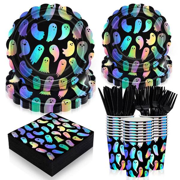 168-Piece Ghost Holographic Halloween Disposable Dinnerware Set with Plates and Napkins for 24-Guest Party Supplies