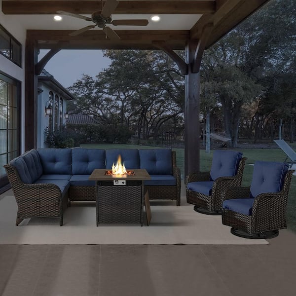 Brown 4-Piece Wicker Patio Fire Pit Set, Outdoor Sectional Seating Set with Olefin Navy Blue Cushions and Swivel Rockers