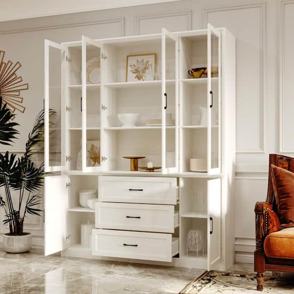 White Wood 61.8 in. x 79.6 in. Kitchen Pantry Cabinet with 4 Glass Doors, 3 Drawers, 2 Cabinets, Bookcase with 14-Shelf