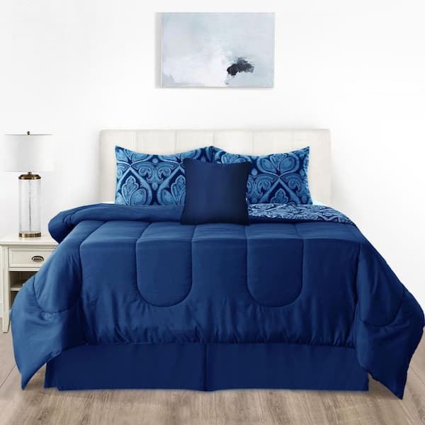 5-Piece Medium Warmth Reversible Paisley Navy Microfiber Queen Bed in a Bag