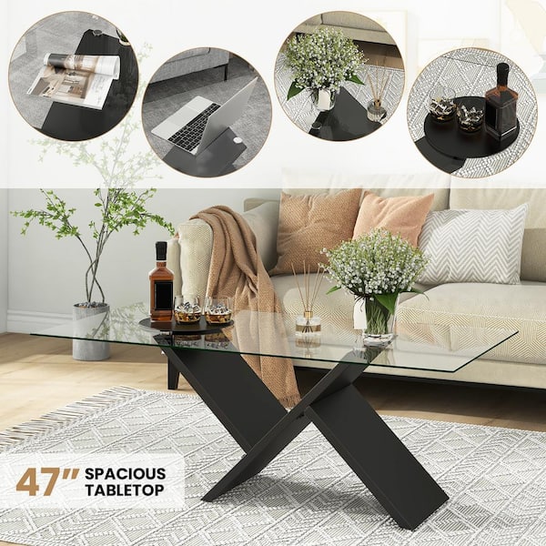 Gymax 47 in. Black Rectangle Glass Coffee Table GYM14291