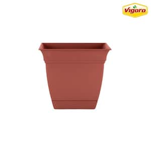 10 in. Mirabelle Medium Clay Plastic Square Planter (10 in. D x 9 in. H) with Drainage Hole and Attached Saucer