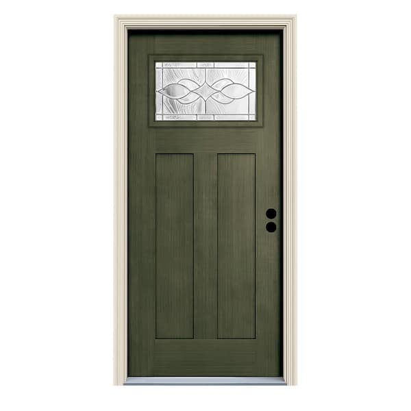 JELD-WEN 36 in. x 80 in. Juniper Left-Hand 1-Lite Craftsman Carillon Stained Fiberglass Prehung Front Door with Brickmould