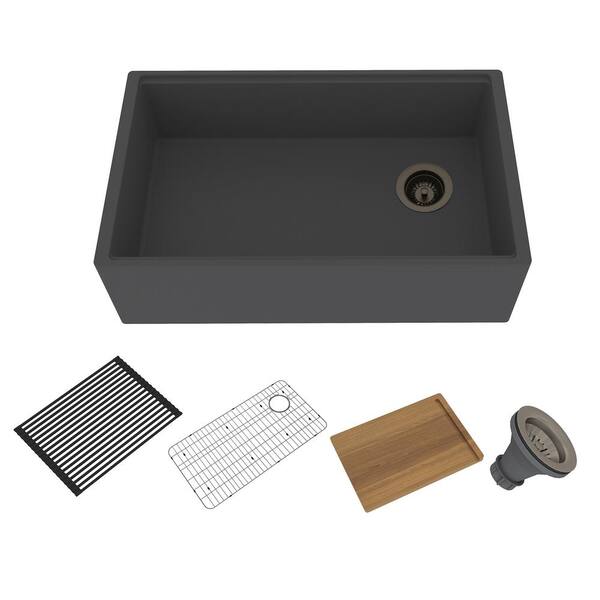 Dimakai 30 in. Farmhouse Apron Front Single Bowl Black Earth Concrete Kitchen Sink with Sink Accessories