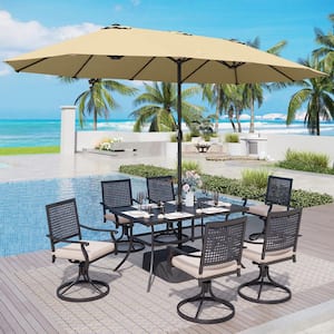 8-Piece Metal Patio Outdoor Dining Set with Bull's Eye Pattern Swivel Chairs with Beige Cushions and Beige Umbrella