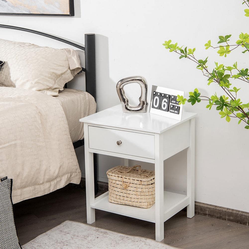 1-Drawer White Nightstand with Drawer Storage Shelf Wooden Bedside Sofa Side Table 23" x 19" x 16"(H x W x D)