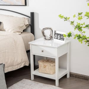 1-Drawer White Nightstand with Drawer Storage Shelf Wooden Bedside Sofa Side Table 23" x 19" x 16"(H x W x D)