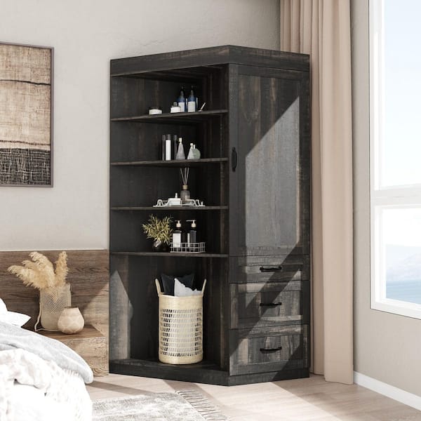 Rustic Brown 70 in. H Accent Storage Cabinet with 6 Shelves and 3 Drawers, Smooth Slides and Corner Organization