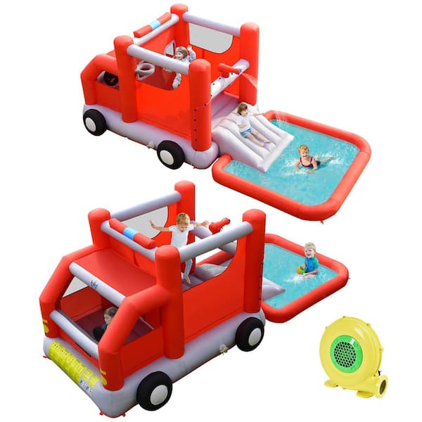 Costway Fire Truck Themed Inflatable Castle Water Park Kids Bounce House with 480-Watt Blower
