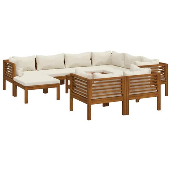Natural Brown 10-Piece Wood Outdoor Modular Sofa Set with Cream Cushion and Coffee Table