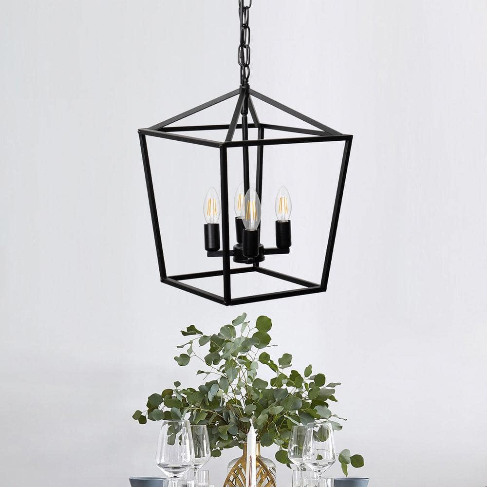 Black Metal Geometric Lantern Pendant Light with Chain