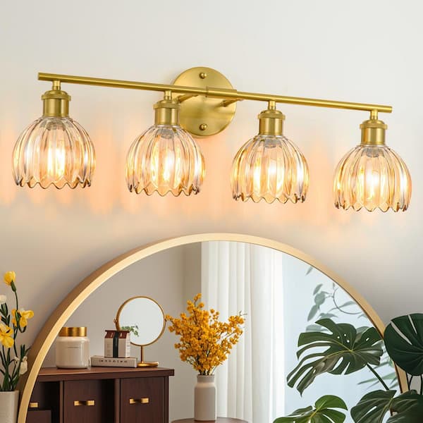 26.38 in. 4-Light Modern Gold Bathroom Vanity Light with Amber Tulip Glass Shade