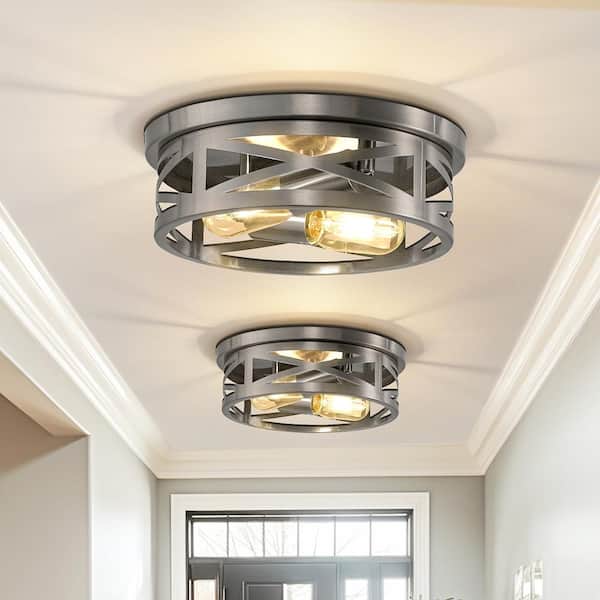 11 in. 2-Light Nickel Flush Mount Ceiling Light, Farmhouse Drum Cage Fixture for Bedroom Entryway (2-Pack)