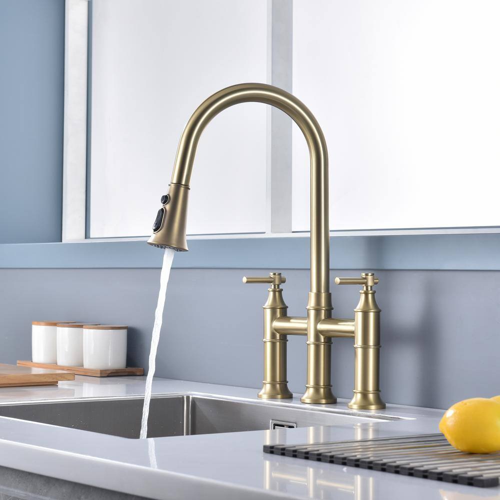 Brushed Gold Stainless Steel Bridge Kitchen Faucet with Pull-Out Spray