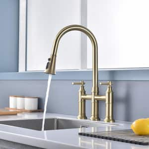 Traditional Double Handle Bridge Kitchen Faucet with Pull out Spray Wand in Brushed Gold