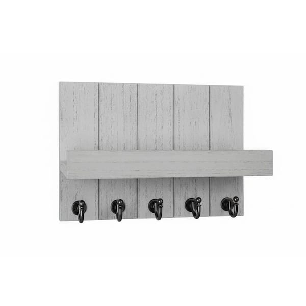 10 in. W x 3.54 in. D Gray Wood Decorative Wall Shelf Mail Organizer Wall Mount with 5 Key Hooks