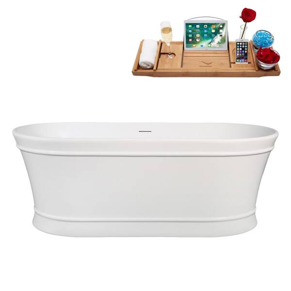 Streamline 65 in. x 31 in. Acrylic Freestanding Soaking Bathtub in Glossy White With Brushed Brass Drain, Bamboo Tray