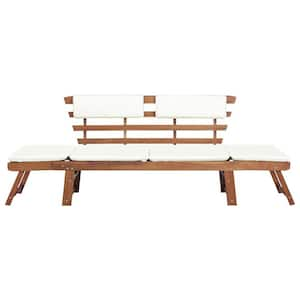 4-Person Brown Wood Outdoor Bench Garden Day Bed with White Cushions