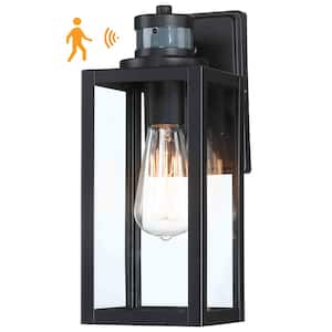 12.65 in. H 1-Light Black Motion Sensing Dusk to Dawn Outdoor Hardwired Wall Lantern Scone with No Bulbs Included
