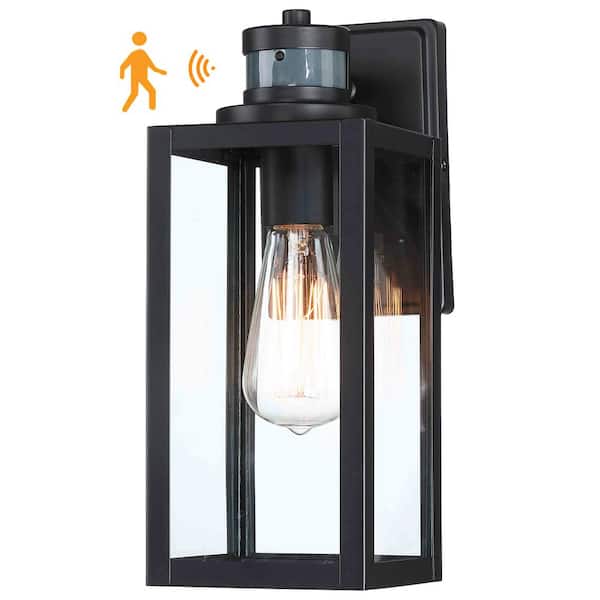 Pia Ricco 12.65 in. H 1-Light Black Motion Sensing Dusk to Dawn Outdoor Hardwired Wall Lantern Scone with No Bulbs Included