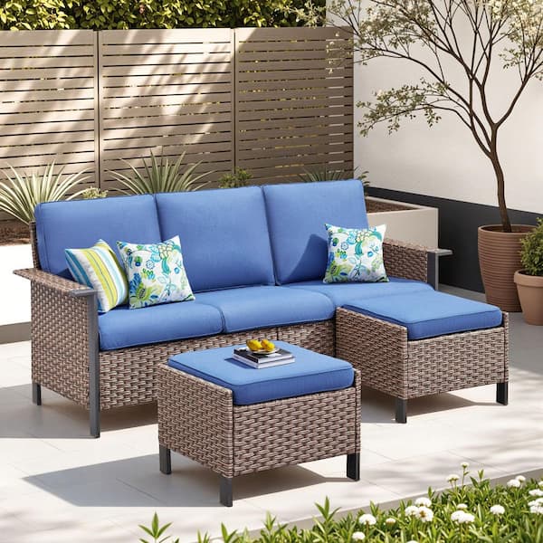 3-Piece Metal and Wicker Outdoor Sectional Sofa Couch Set with Ottomans with Blue Cushions