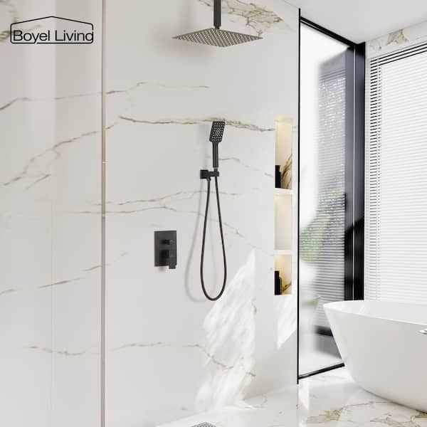 3-Spray Patterns with 2.5 GPM 12 in. Ceiling Mount Dual Shower Heads with Pressure Balance Valve in Matte Black