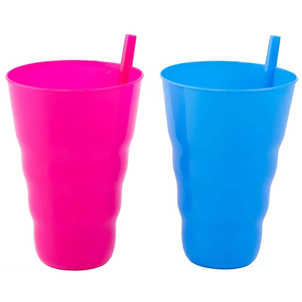 Basicwise 20 OZ Reusable Plastic Cups with Straw Blue and Pink, Set of