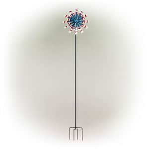 75 in. Tall Outdoor Patriotic Metal Dual Kinetic Wind Spinner Stake Yard Decoration, Red, White, and Blue