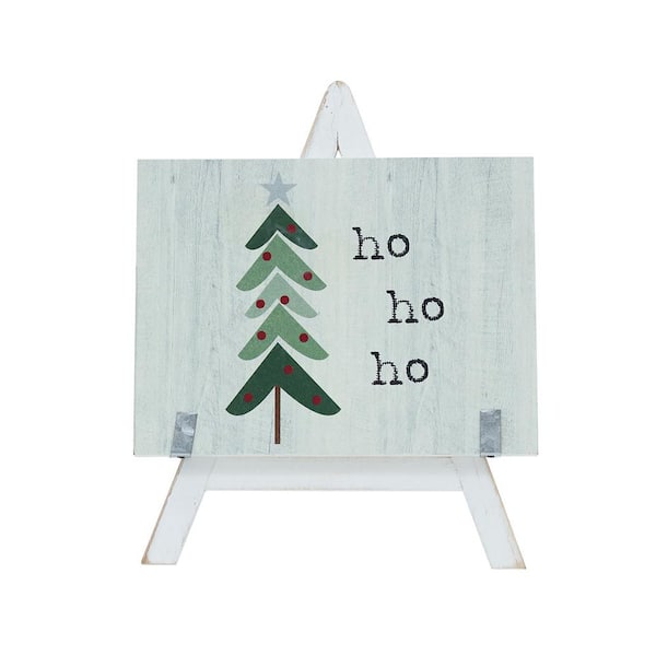 PARISLOFT 9.875 in. White Wood A Framed Ho Ho Ho Tabletop Christmas Sign with Holiday Tree