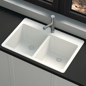 Stonehaven 33 in. Drop-In 50/50 Double Bowl White Ice Granite Composite Kitchen Sink with White Strainer