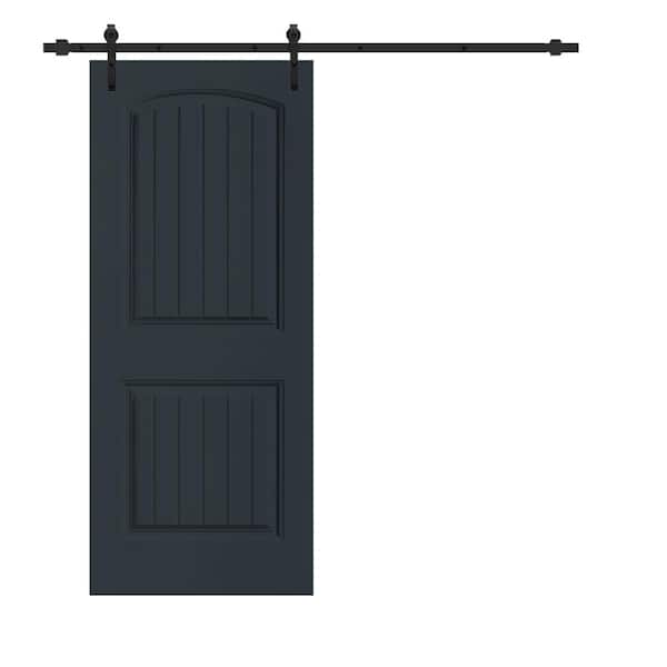 CALHOME Elegant 30 in. x 80 in. Charcoal Gray Stained Composite MDF 2 Panel Camber Top Sliding Barn Door with Hardware Kit