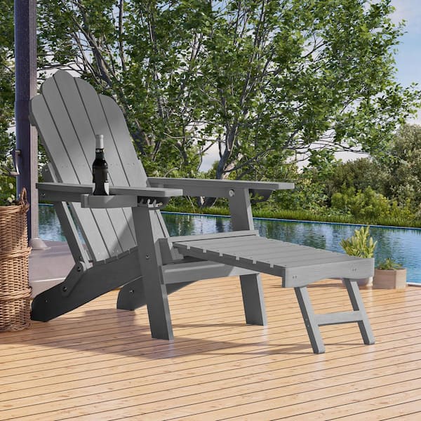 Gray Folding Adirondack Chair with Retractable Ottoman, HIPS Adirondack Chair with Cup Holder (Set of 1)