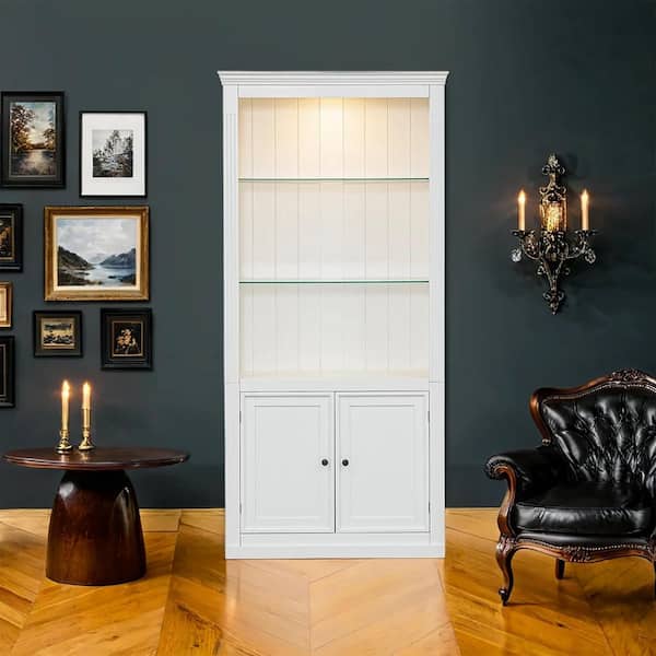 78.75 in. Tall White Wood Standard Bookcase with tempered glass shelves and 5 Colors Adjustable LED Ceiling Light