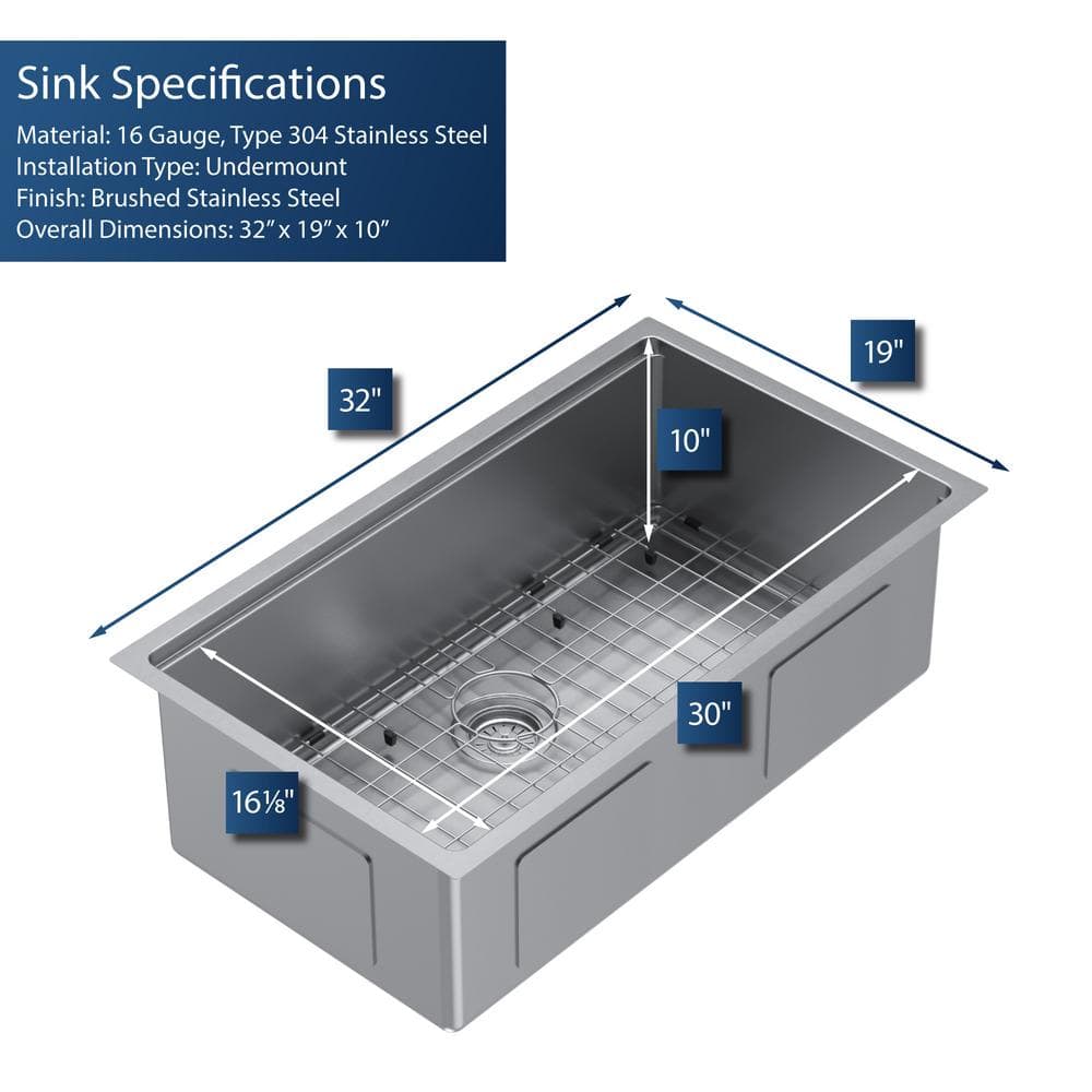 Elite 32'' Stainless Steel Undermount Single Bowl Workstation Sink