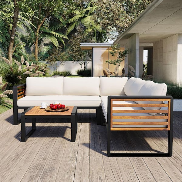 4-Piece Metal Patio Conversation Set with Beige Cushions, Coffee Table