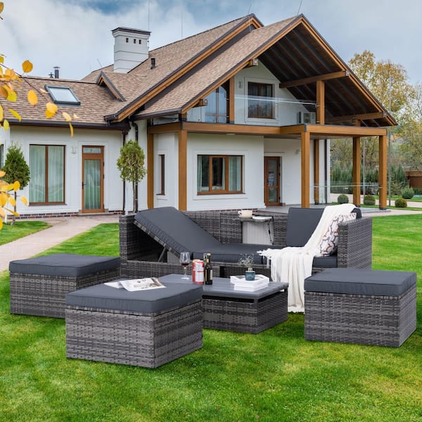 wayofatry 5-Piece Outdoor PE Wicker Furniture Conversation Set with Gray Cushions, Lift Top Coffee Table and Lounger Sofa