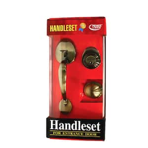 Antique Brass Single Cylinder Door Handleset with Keyed Deadbolt Lock, Inside Knob and 3 KW1 Keys