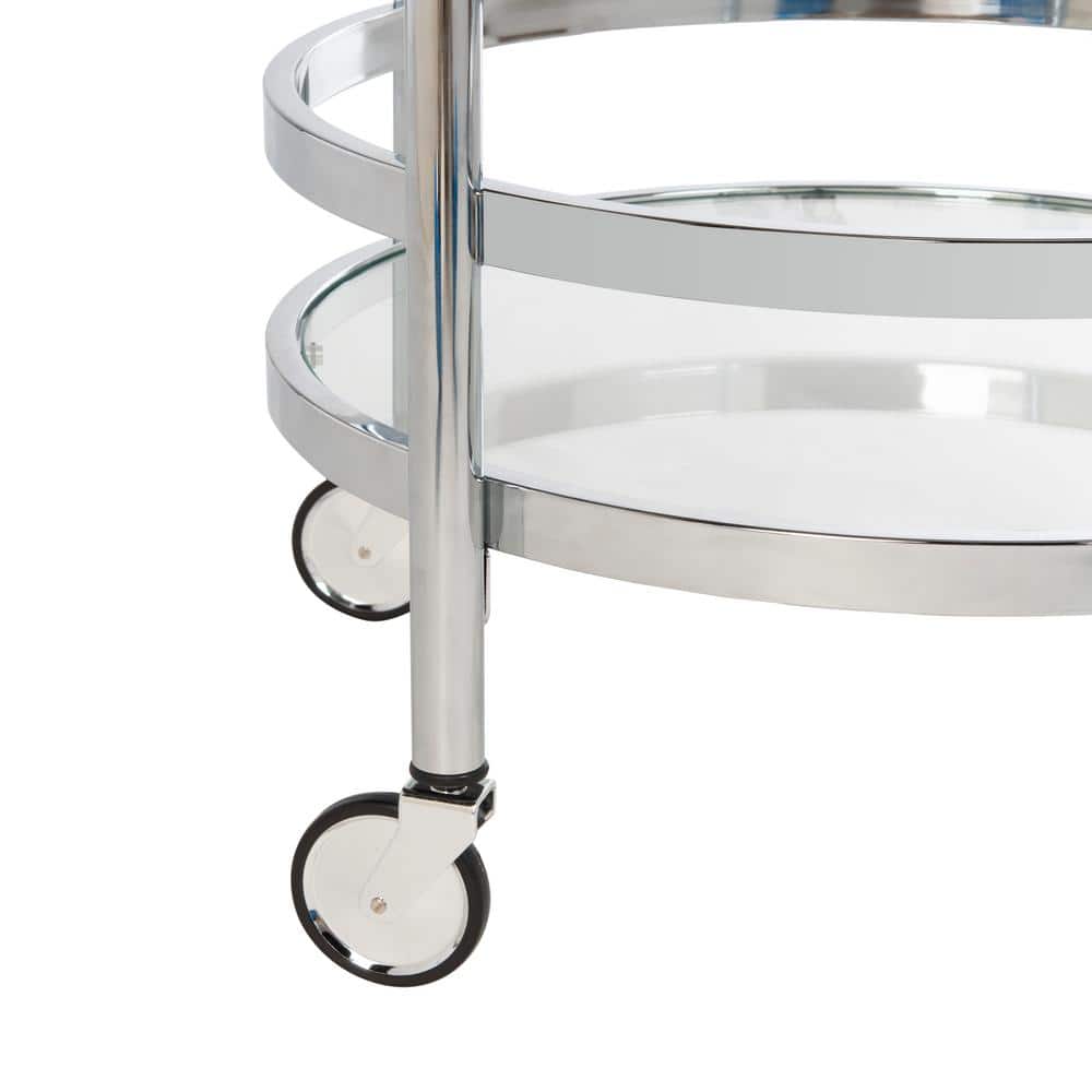Transitional Chrome 24" Round Bar Cart with Glass Tiers