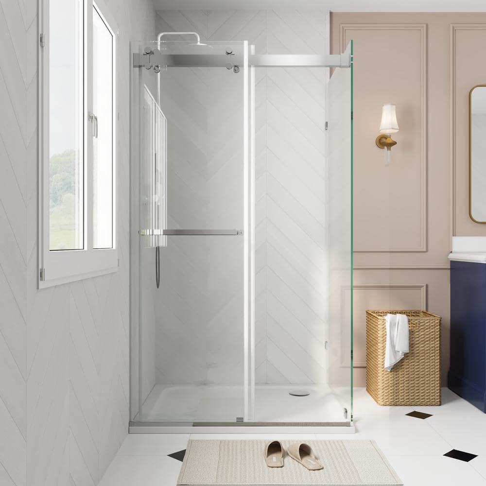 43" Frameless Sliding Shower Enclosure with Clear Glass and Stainless Steel