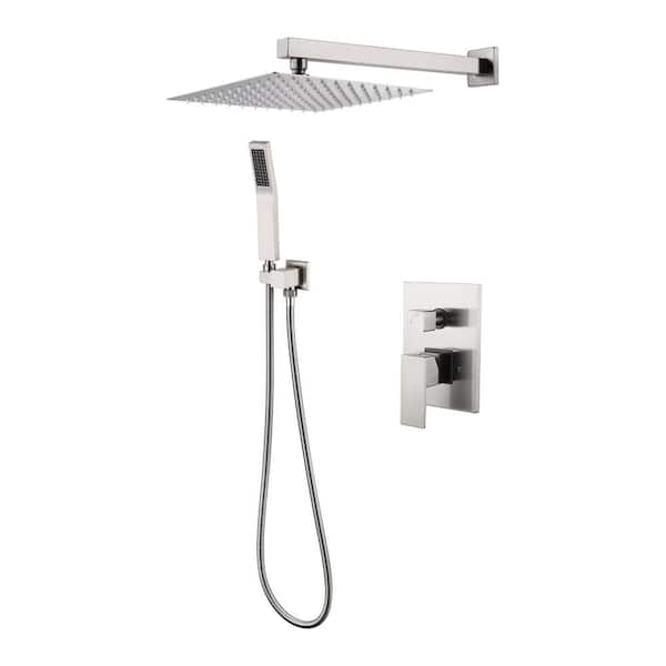 WELLFOR Single-Handle 2-Spray Square Shower Faucet in Brushed Nickel Stainless Steel Hand Shower (Valve Included)