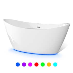 59 in. Acrylic Flatbottom Hourglass Freestanding Soaking Lighted Bathtub in White with Brushed Nickel Overflow and Drain
