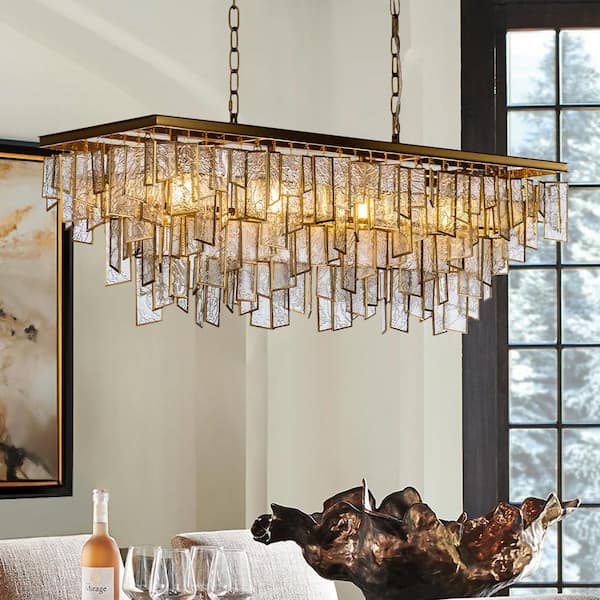 ALOA DECOR 39.4 in. 4-Light Antique Matte Gold Linear Chandelier with Water Glass Fringe for Kitchen Island Dining Room