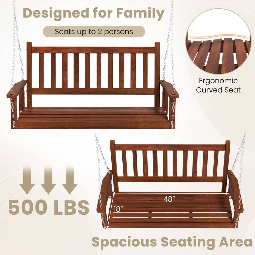 Brown Solid Wood 2-Person Outdoor Porch Swing with Metal Chains