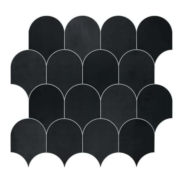 sunwings Fish Scales Black 11.4 in. x 10.9 in. Peel and Stick Backsplash Handmade Looks Stone Composite Tile (8.62 sq. ft./Case)