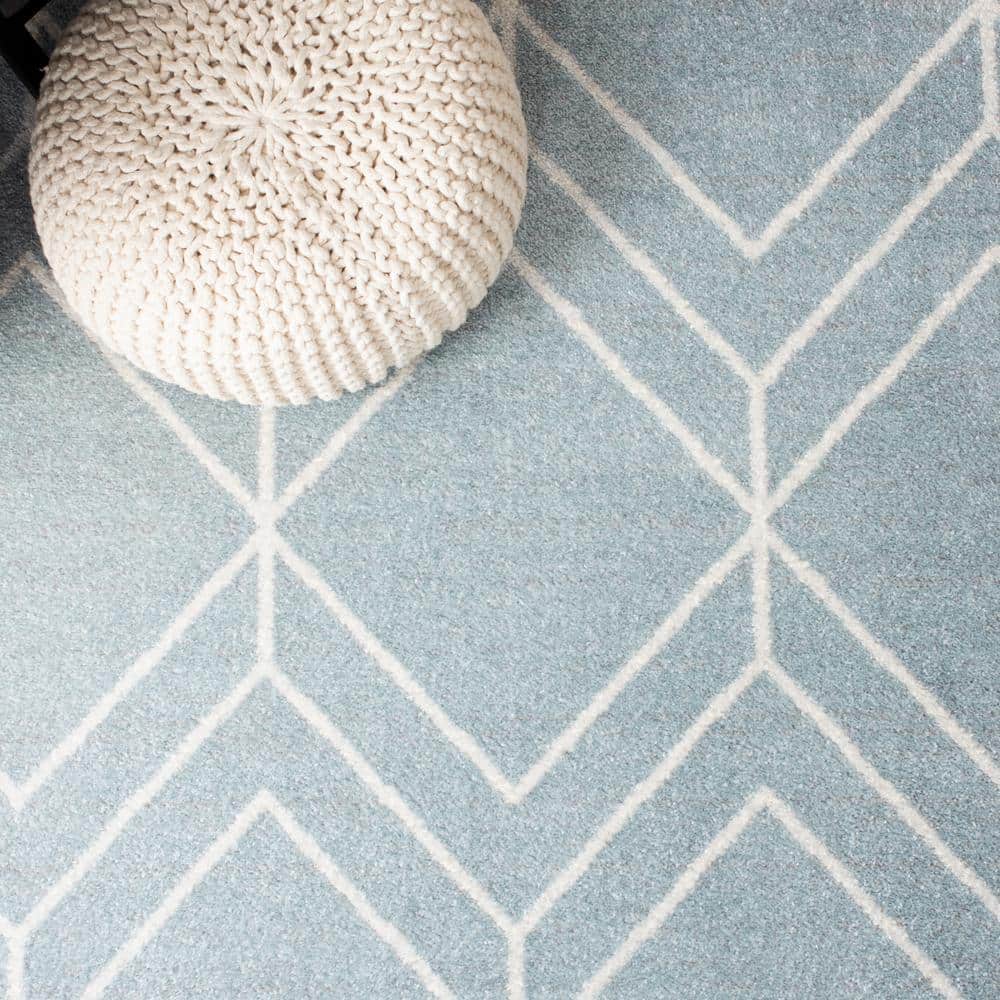 Ivory and Blue Geometric Square Synthetic Rug - 4' Hand-Knotted