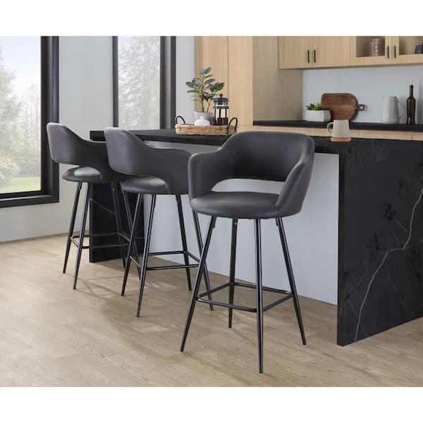 Lumisource Margarite 25.25 in. Grey Faux Leather and Black Metal Fixed-Height Counter Stool (Set of 2)