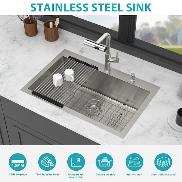 TCYO 33 in. Drop-In Single Bowl 16-Gauge Brushed Nickel Stainless