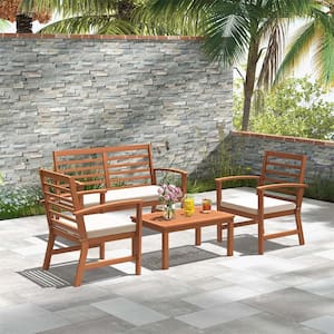 4-Piece Wicker Patio Conversation Set with White Cushions Stable Acacia Wood Frame